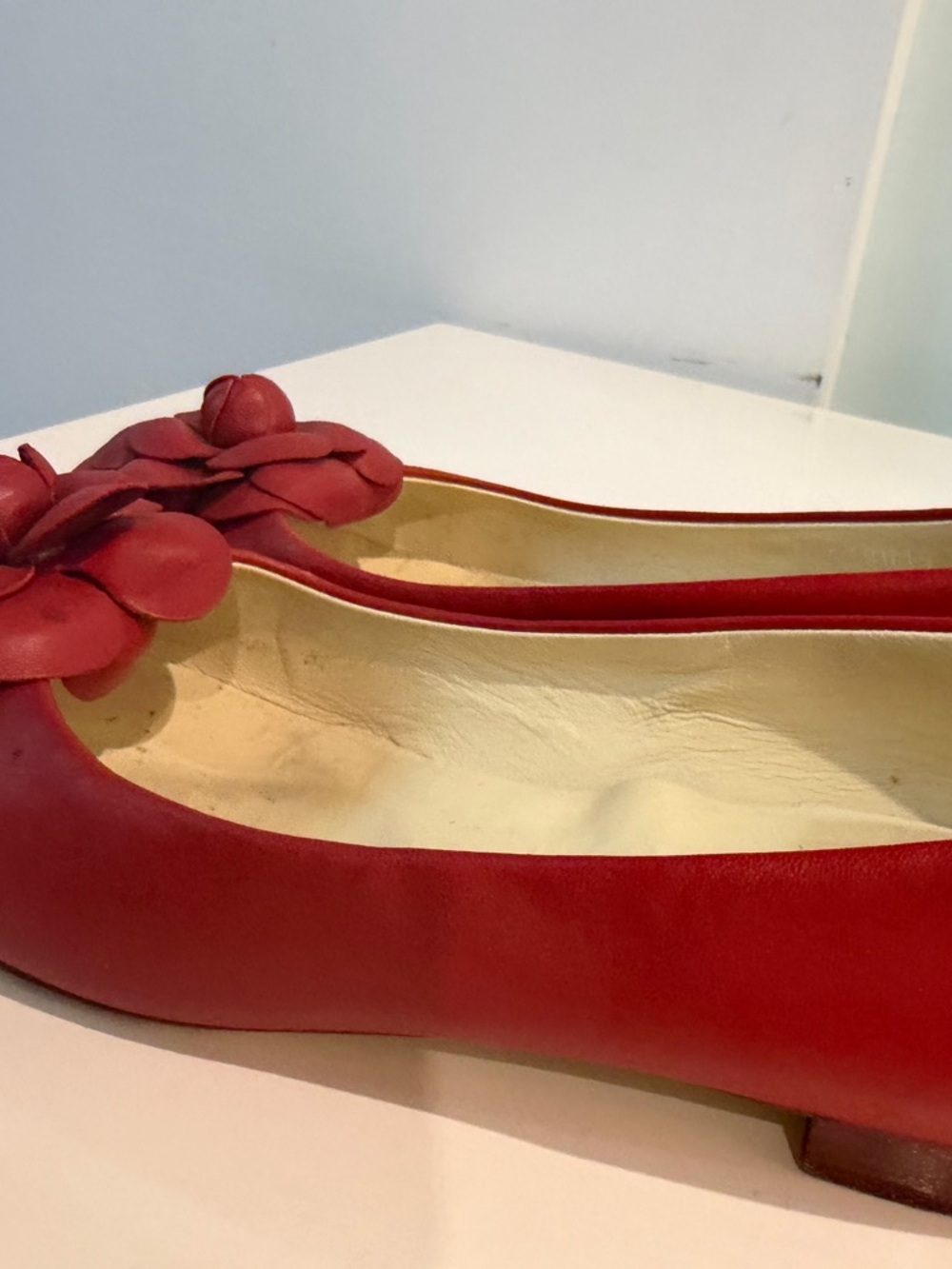 CHANEL Red Leather Flower Ballet Flats